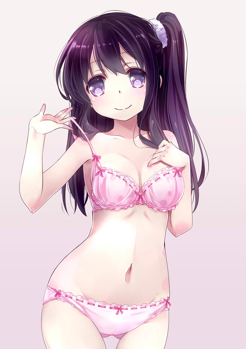 54hao black_hair blush bow bow_bra bow_panties bra breasts closed_mouth cowboy_shot gradient gradient_background head_tilt highres long_hair looking_at_viewer medium_breasts navel one_side_up original panties pink_background pink_bra pink_panties purple_eyes ribbon-trimmed_bra ribbon-trimmed_panties ribbon_trim scrunchie simple_background smile solo strap_lift underwear underwear_only