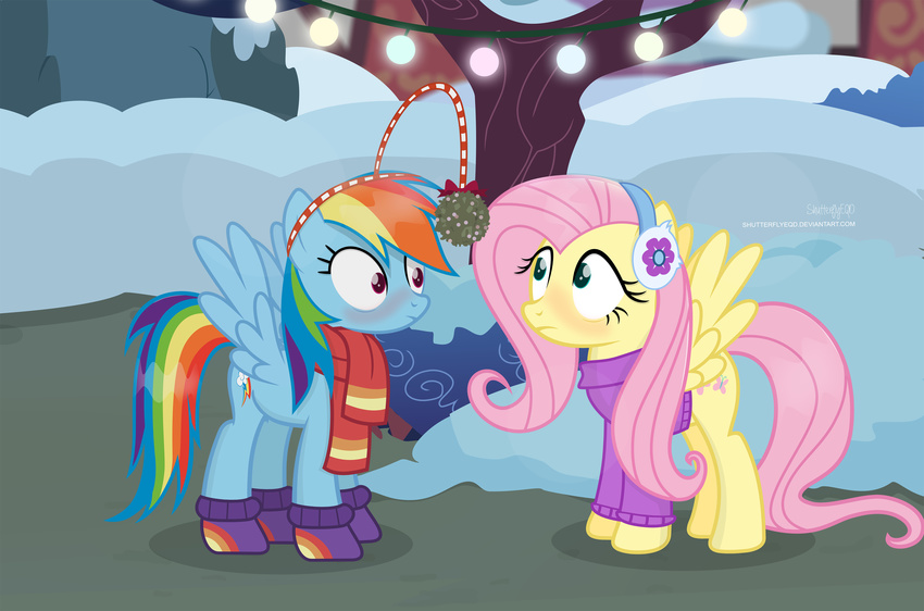 2017 absurd_res blush christmas christmas_lights clothing cutie_mark duo earmuffs equine eyelashes female fluttershy_(mlp) friendship_is_magic frown hair hi_res holidays lights long_hair makeup mammal mascara mistletoe mittens multicolored_hair my_little_pony outside pegasus pink_hair plant purple_eyes rainbow_dash_(mlp) rainbow_hair scarf shrub shutterflyeqd snow spread_wings sweater teal_eyes tree wings winter