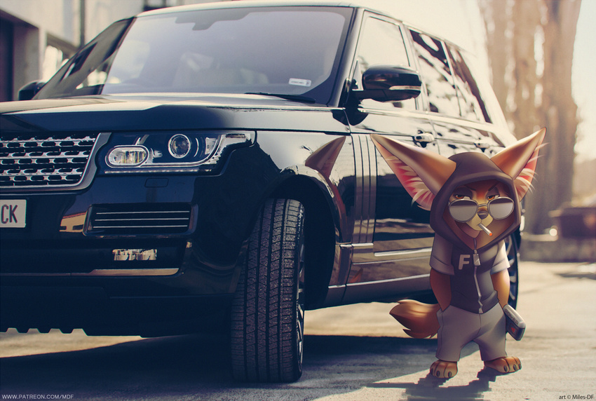 2017 anthro big_ears canine car cigarette clothed clothing disney eyewear fennec finnick fox glass hair hoodie keys land_rover looking_at_viewer male mammal miles_df pants range_rover shirt smoking sunglasses vehicle zootopia