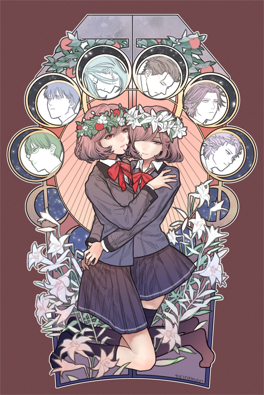 6+boys artist_name black_legwear black_skirt blazer brown_background brown_eyes brown_hair closed_eyes closed_mouth collared_shirt dual_persona flower fujiyama_arashi glasses hair_over_one_eye hand_on_another's_shoulder head_wreath highres hug jacket kneehighs kneeling konno_tamao lily_(flower) long_sleeves multiple_boys multiple_girls niina_junpei own_hands_together partially_colored pleated_skirt profile protagonist_(tokimemo_gs3) red_neckwear sakurai_kouichi sakurai_ruka school_uniform shirt shitara_seiji short_hair skirt teiraman tokimeki_memorial tokimeki_memorial_girl's_side tokimeki_memorial_girl's_side_3rd_story white_shirt wing_collar