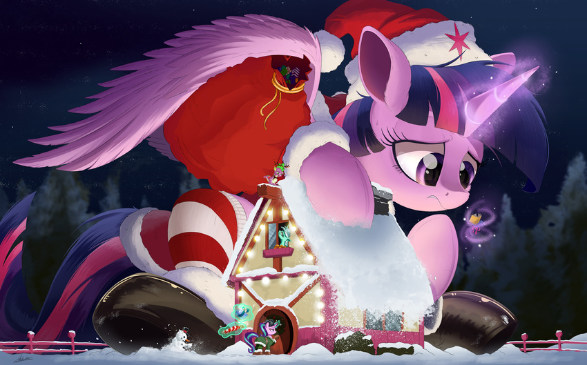 2017 book christmas clothing dragon equine feathered_wings feathers female feral friendship_is_magic gift group hair hat hi_res holidays horn lyra_heartstrings_(mlp) macro magic mammal my_little_pony ncmares outside santa_hat spike_(mlp) starlight_glimmer_(mlp) twilight_sparkle_(mlp) unicorn winged_unicorn wings