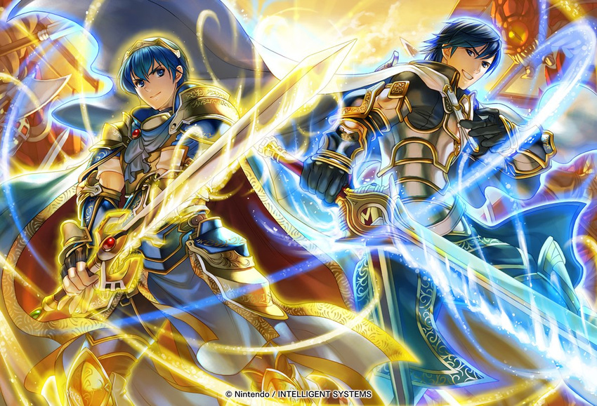 armor boots cape commentary_request company_name copyright_name falchion_(fire_emblem) fingerless_gloves fire_emblem fire_emblem:_kakusei fire_emblem:_monshou_no_nazo fire_emblem_cipher gauntlets gloves glowing glowing_weapon holding holding_sword holding_weapon jewelry kita_senri knee_boots krom looking_at_viewer looking_back marth monster multiple_boys official_art pants pauldrons short_sleeves shoulder_armor smile sword tiara weapon