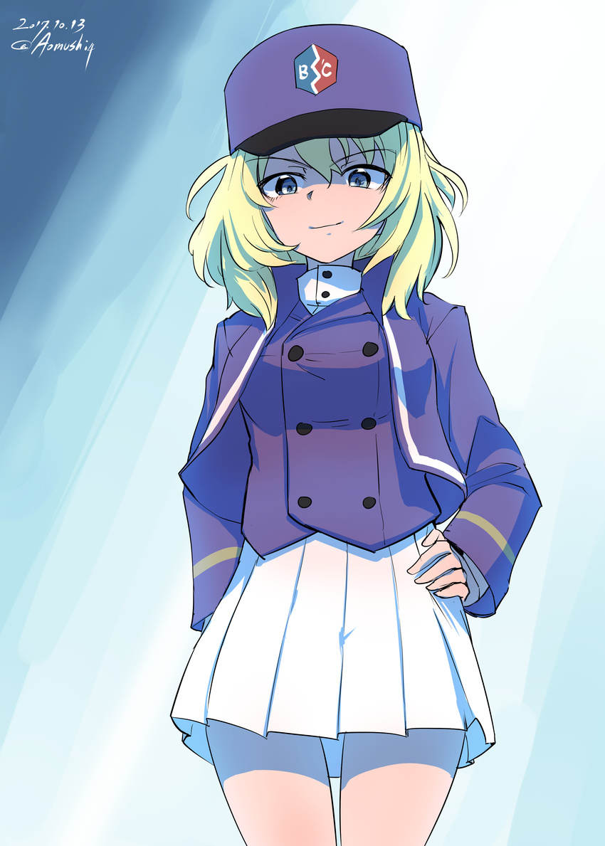 absurdres aomushi_(mushamusha) arm_behind_back artist_name bangs bc_freedom_(emblem) bc_freedom_military_uniform blonde_hair blue_background blue_eyes blue_hat blue_jacket blue_vest closed_mouth cowboy_shot dated emblem eyebrows_visible_through_hair girls_und_panzer girls_und_panzer_saishuushou hand_on_hip hat high_collar highres jacket long_hair long_sleeves looking_at_viewer military military_hat military_uniform miniskirt oshida_(girls_und_panzer) pleated_skirt shako_cap shirt signature skirt smirk standing uniform vest white_shirt white_skirt