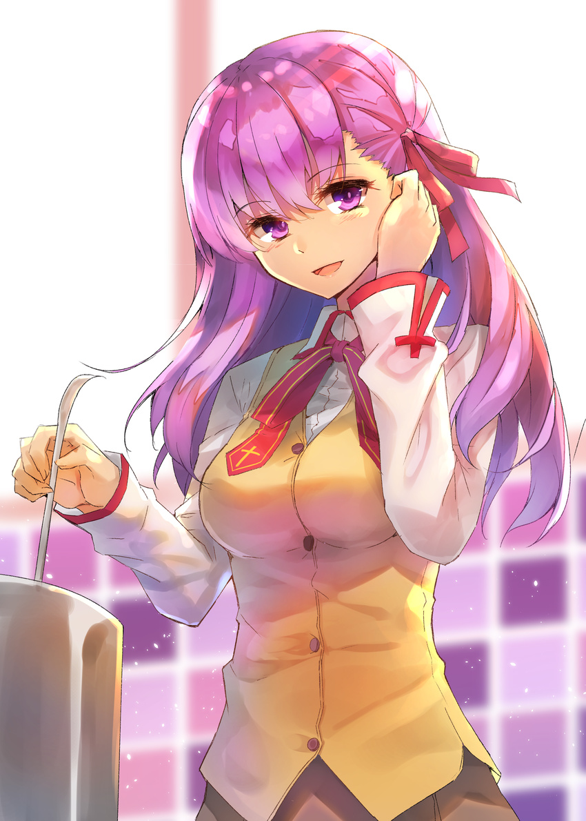 absurdres blush breasts cooking eyebrows_visible_through_hair fate/stay_night fate_(series) hair_ribbon highres homurahara_academy_uniform hopepe indoors ladle large_breasts long_sleeves looking_at_viewer matou_sakura open_mouth pot purple_eyes purple_hair red_ribbon ribbon school_uniform smile solo