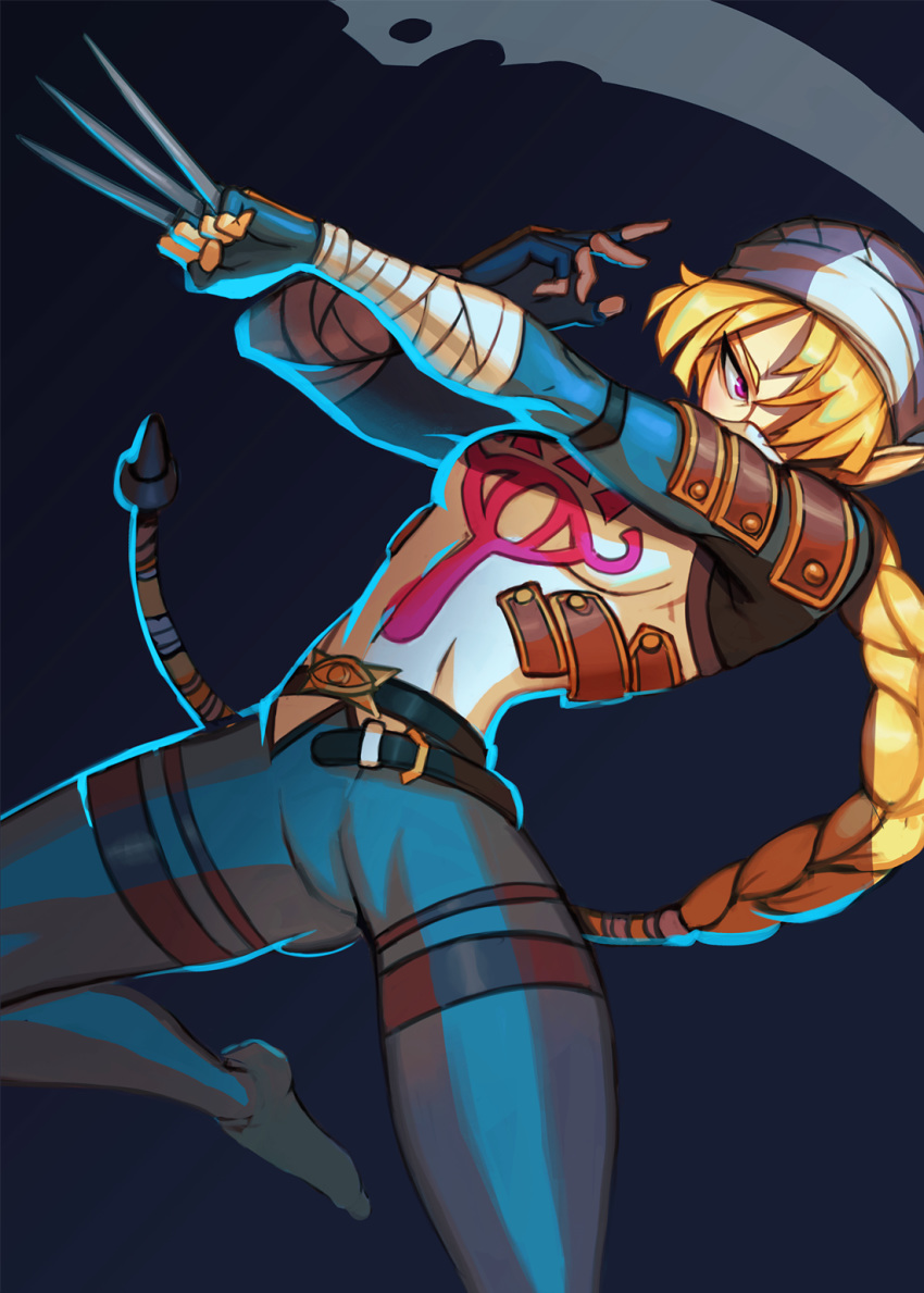 1girl androgynous bandage blonde_hair braid dark_skin gloves highres long_hair looking_at_viewer mask nintendo pointy_ears ponytail red_eyes reverse_trap sheik solo strikderp super_smash_bros. super_smash_bros._ultimate surcoat the_legend_of_zelda the_legend_of_zelda:_breath_of_the_wild the_legend_of_zelda:_ocarina_of_time turban weapon