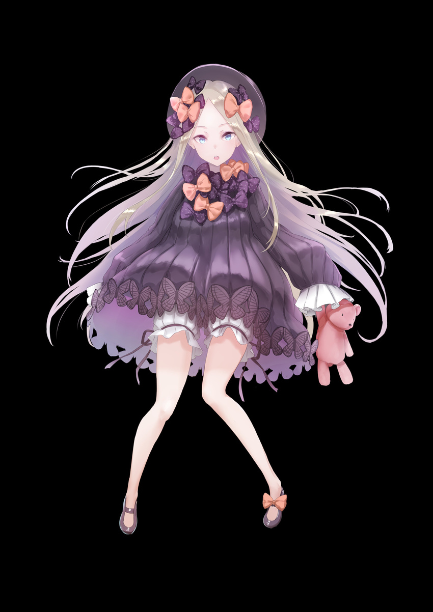 :o abigail_williams_(fate/grand_order) absurdres black_background black_bow black_dress blonde_hair bloomers blue_eyes bow bug butterfly dress fate/grand_order fate_(series) hair_bow highres holding holding_stuffed_animal insect kachayori long_hair long_sleeves looking_at_viewer orange_bow simple_background sleeves_past_wrists solo stuffed_animal stuffed_toy teddy_bear underwear very_long_hair white_bloomers