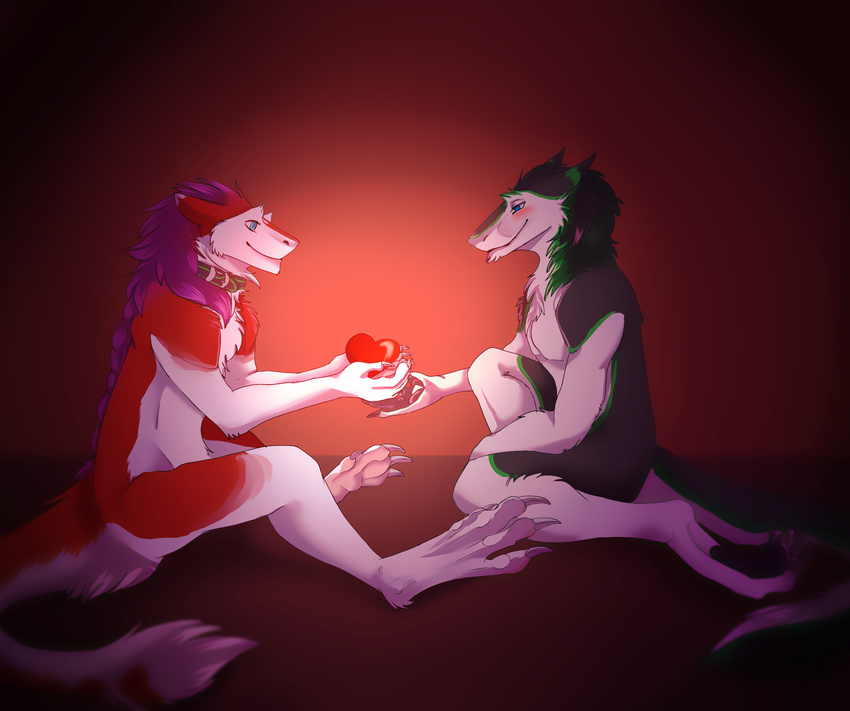 anthro azaly blush braided_hair collar digital_media_(artwork) duo fur green_fur hair happy hi_res long_hair long_tail male male/male omez purple_hair sergal simple_background smile text thorsten white_fur