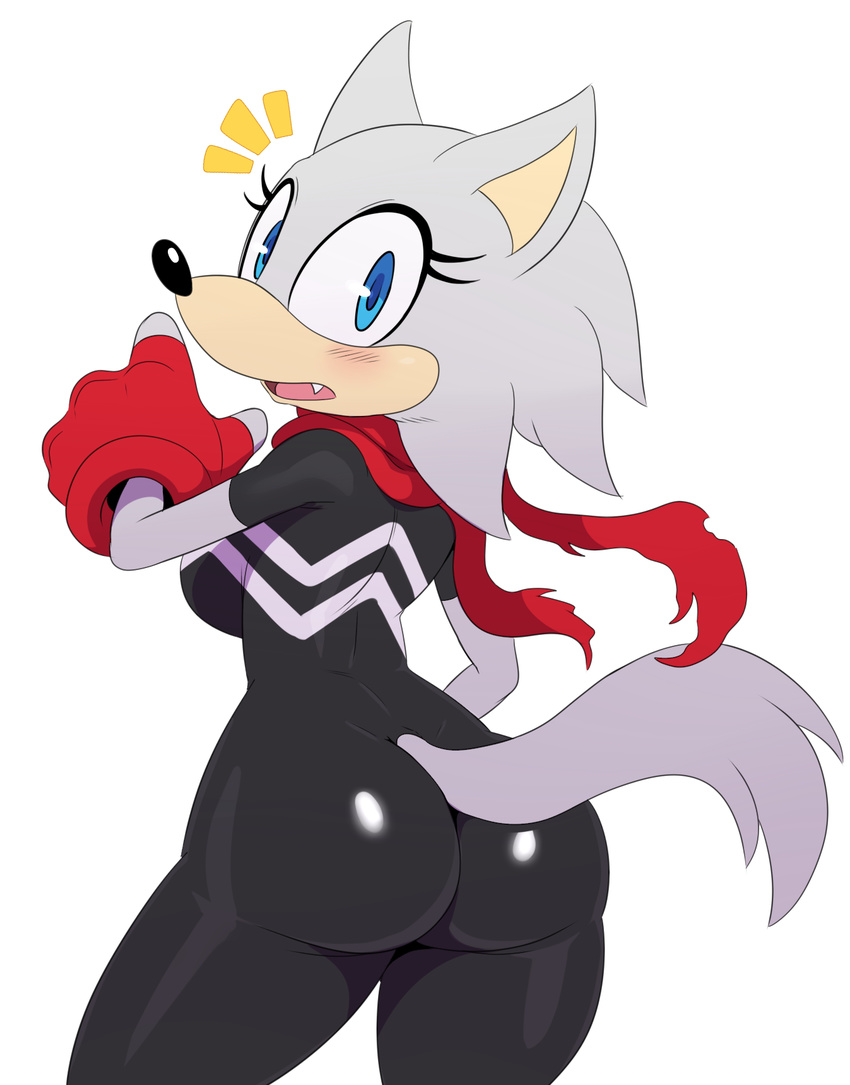 anthro blue_eyes blush butt butt_pose canine custom_character_(sonic_forces) fangs female looking_at_viewer looking_back mammal open_outh simple_background solo sonic_(series) sonic_forces sssonic2 teeth white_background wolf