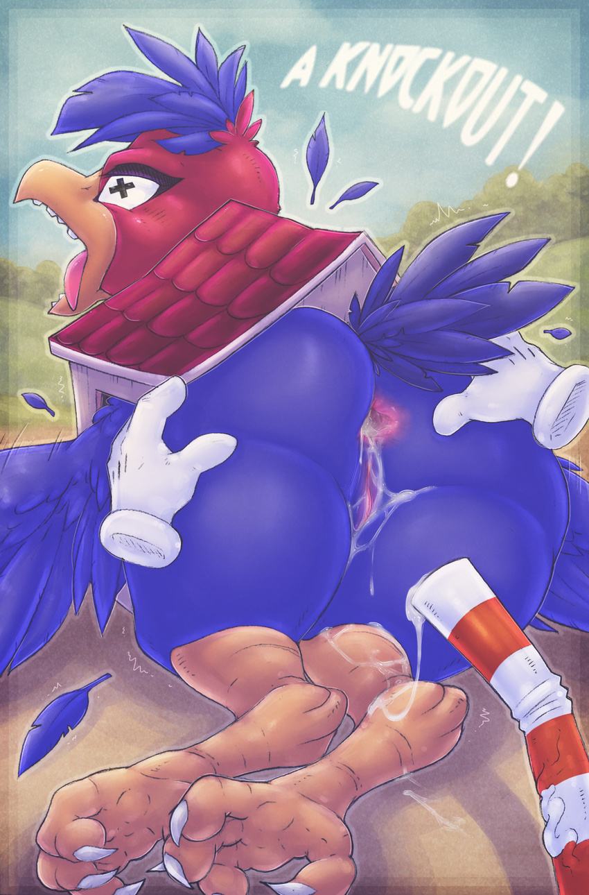 2017 absurd_res anus avian beak big_butt bird butt crossgender cum cuphead_(game) digital_media_(artwork) dimwitdog disembodied_hand duo english_text feathers female hi_res open_beak open_mouth pussy text thick_thighs wally_warbles