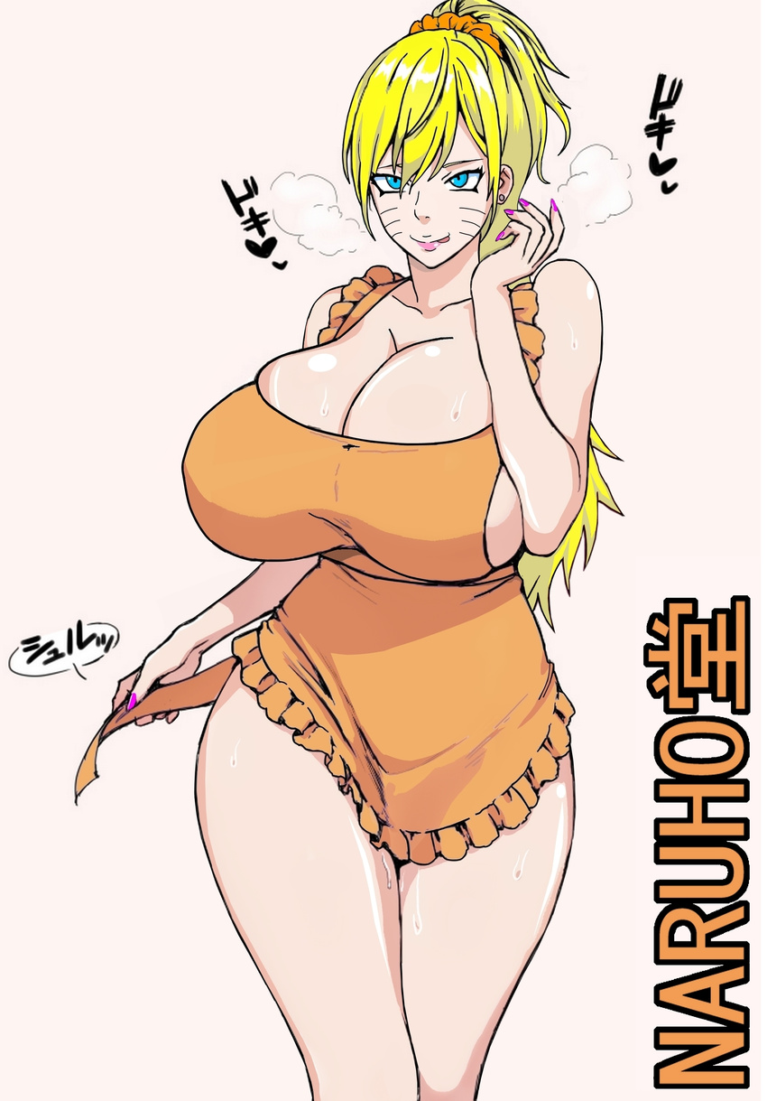 1girl blonde_hair blue_eyes breasts busty color female lipstick makeup naruho naruko naruto solo sweat teenage thick_thighs thighs wide_hips