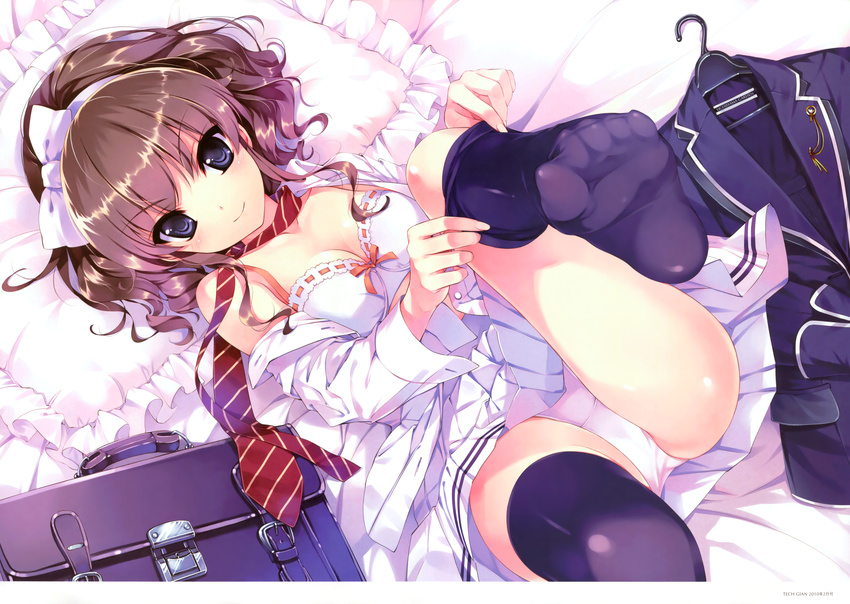 absurdres bag blue_eyes bow bra breasts brown_hair cleavage dressing feet frilled_pillow frills hair_bow hanamiya_nagisa highres huge_filesize jacket kuroya_shinobu large_breasts lingerie lying necktie no_shoes open_clothes open_shirt panties pillow school_briefcase shirt smile sock_pull soles solo thighhighs underwear undressing ushinawareta_mirai_wo_motomete white_panties