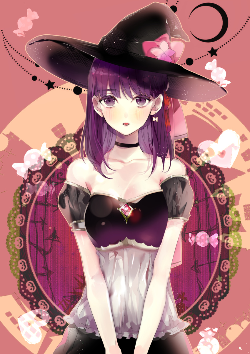 black_hat blush breasts cleavage collarbone earrings eyebrows_visible_through_hair fate/stay_night fate_(series) hair_ribbon hat highres jewelry long_hair looking_at_viewer matou_sakura medium_breasts open_mouth prin_dog purple_eyes purple_hair red_ribbon ribbon solo strapless witch_hat