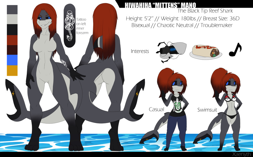 2017 anthro bikini blue_eyes breasts brown_hair clothed clothing digital_media_(artwork) english_text featureless_breasts featureless_crotch female fin fish hair marine model_sheet nude shark smile solo swimsuit text xaenyth