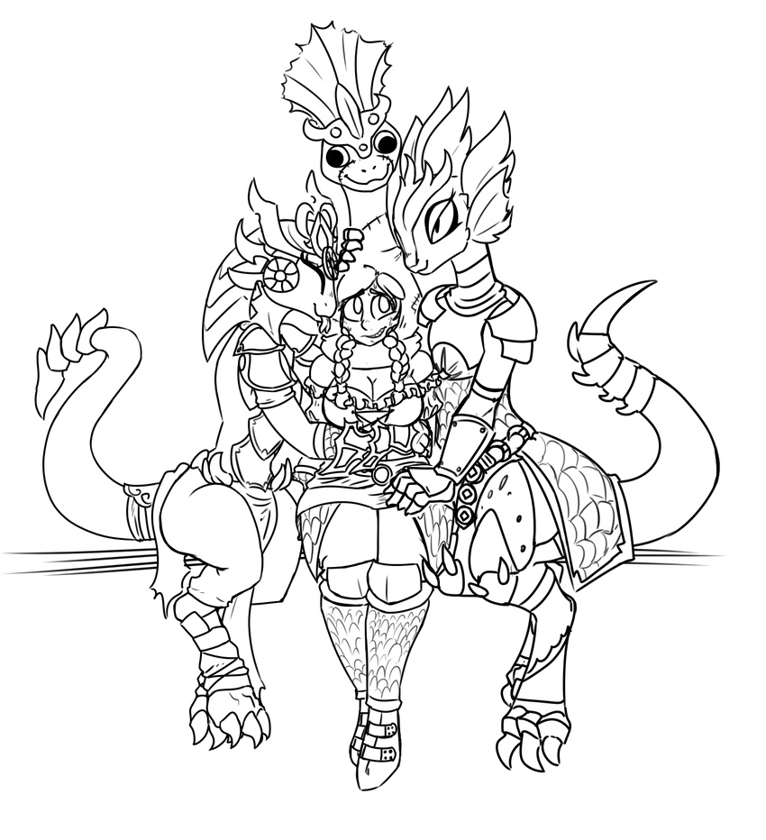 2017 anthro armor big_breasts black_and_white blush braided_hair breasts claws cleavage clothed clothing disguise divinity:_original_sin_2 eyes_closed female female/female forked_tongue grin group hair human lizard loincloth mammal monochrome nervous pigtails reptile scalie simple_background smile sweat sweatdrop thebirdiebin toe_claws tongue tongue_out