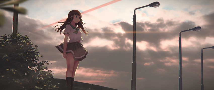 arm_at_side bangs black_legwear black_skirt blunt_bangs blurry brown_hair closed_mouth cloud cloudy_sky day depth_of_field green_eyes hair_ornament hairclip highres kneehighs kurosawa_dia lamppost long_hair looking_away love_live! love_live!_sunshine!! meda mole mole_under_mouth neckerchief outdoors plant pleated_skirt school_uniform shirt short_sleeves skirt sky solo stairs standing uranohoshi_school_uniform white_shirt wind