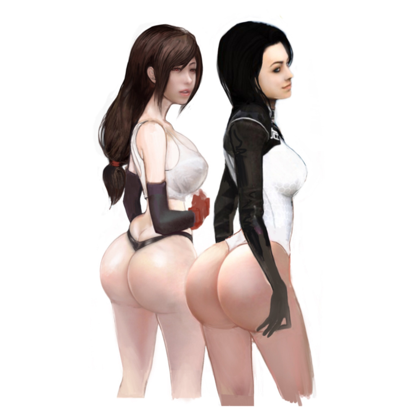 2girls ass bare_shoulders black_hair blue_eyes breasts brown_hair butt_crack crossover elbow_gloves final_fantasy final_fantasy_vii gloves hand_on_ass huge_ass ishiki_(pixiv27785578) large_breasts leotard long_hair looking_at_viewer looking_back mass_effect miranda_lawson multiple_girls red_eyes shiny shiny_skin sideboob smile thong tifa_lockhart