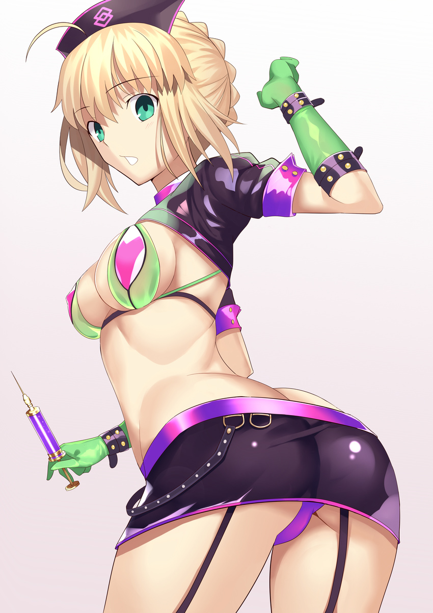 absurdres ahoge artoria_pendragon_(all) ass besmiled black_skirt blonde_hair breasts cleavage cosplay cowboy_shot eyebrows_visible_through_hair fate_(series) florence_nightingale_(fate/grand_order) florence_nightingale_(fate/grand_order)_(cosplay) garter_straps gloves green_eyes green_gloves grey_background hair_between_eyes hat highres leaning_forward looking_back medium_breasts microskirt nurse_cap open_mouth panties purple_panties saber shiny shiny_clothes sideboob sidelocks simple_background skirt solo trick_or_treatment underwear