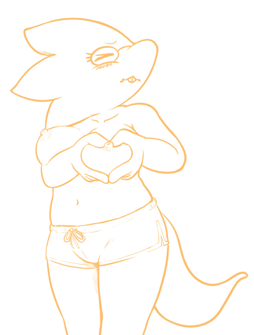 &lt;3 2017 alphys anthro blush breasts buckteeth clothed clothing digital_media_(artwork) embarrassed eyes_closed eyewear female glasses lizard minoss monochrome navel nipples pose presenting presenting_breasts reptile scalie shorts simple_background slightly_chubby solo standing teeth topless undertale video_games white_background