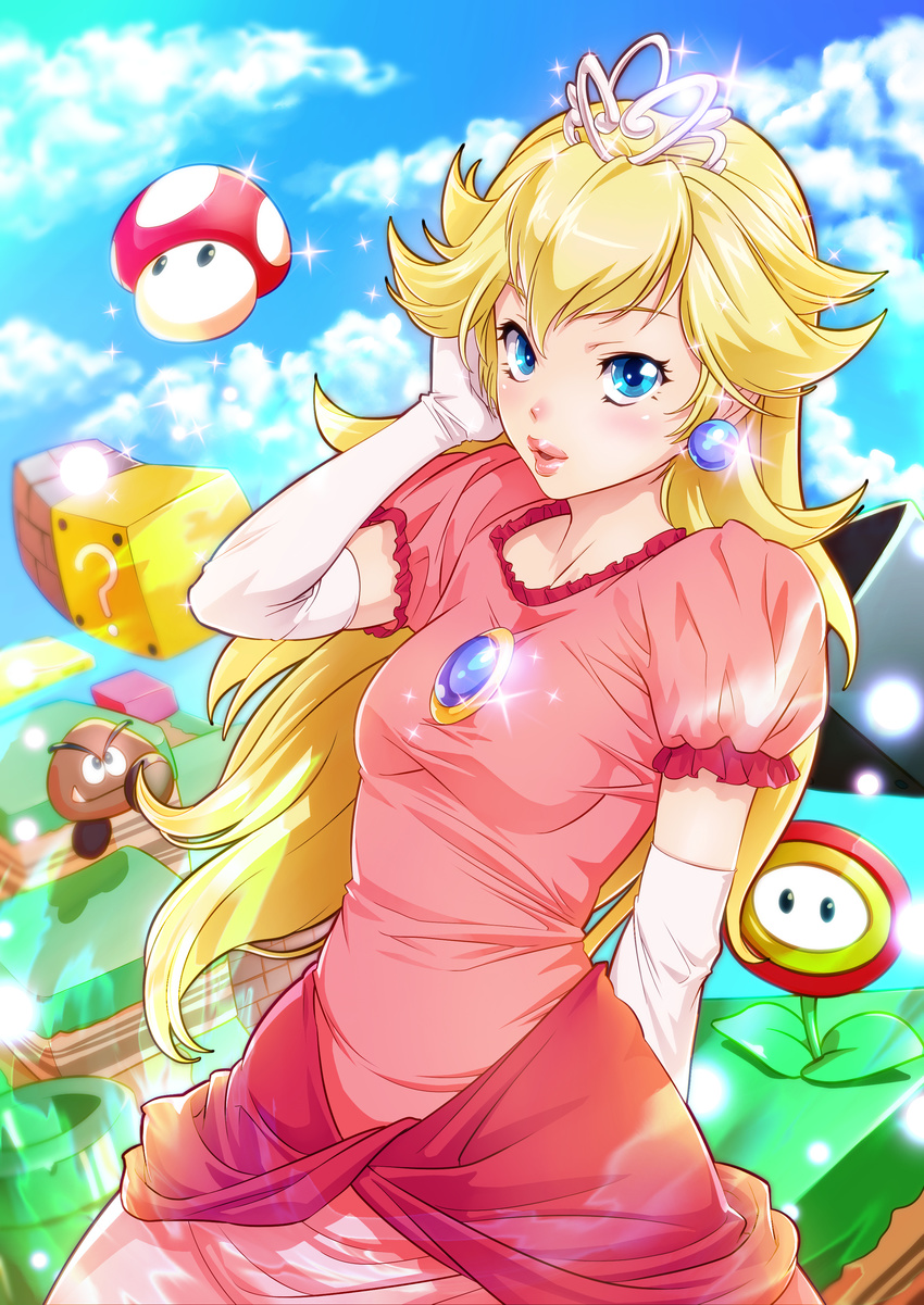 ?_block absurdres arm_at_side ats_(ats2nd) block blonde_hair blue_eyes blue_sky breasts bridal_gauntlets cloud day dress earrings fire_flower goomba hand_up highres jewelry long_hair mario_(series) mushroom outdoors parted_lips pink_dress princess_peach sky small_breasts sparkle standing super_mario_bros. super_mushroom tiara warp_pipe