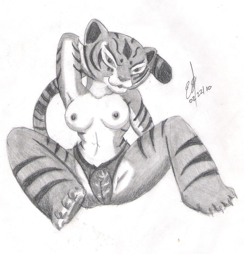 breasts countershading fatman84 feline female greyscale kung_fu_panda mammal master_tigress monochrome nipples panties plain_background sitting solo spread_legs spreading tiger underwear white_background