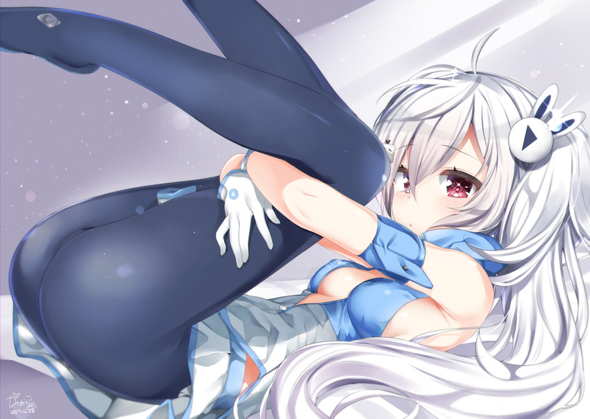 ass azur_lane bili_girl_33 bili_girl_33_(cosplay) bilibili_douga black_legwear breasts cosplay eyebrows_visible_through_hair from_side glint gloves hair_between_eyes hair_ornament heart heart-shaped_pupils highres kamioka_shun'ya knees_on_chest laffey_(azur_lane) long_hair miniskirt pantyhose red_eyes side_ponytail sideboob silver_hair skirt small_breasts solo symbol-shaped_pupils white_gloves