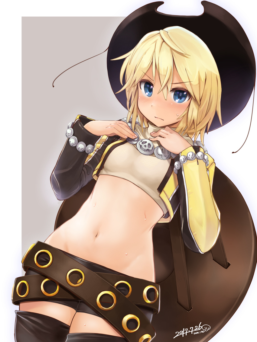 belt beltskirt black_legwear black_shorts blonde_hair blue_eyes blush commentary_request cowboy_hat embarrassed frown hat highres midriff navel short_hair shorts solo sonolar stomach summon_night summon_night_3 sweat thighhighs umino_atari western