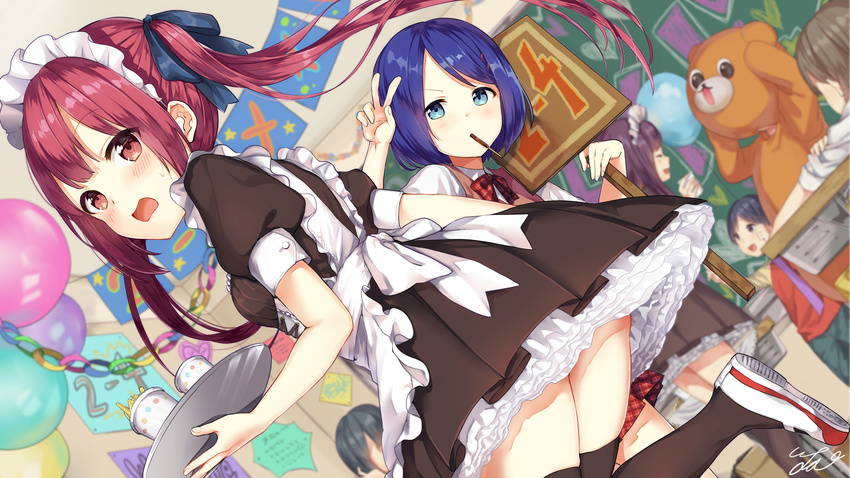 3girls :d absurdres animal_costume apron arm_up bad_id bad_pixiv_id balloon bangs bear_costume black_hair black_legwear black_shirt black_skirt blue_eyes blue_hair blue_pants blue_ribbon blurry blurry_background blush bow bowtie breasts chalkboard closed_eyes collared_shirt commentary_request cosplay depth_of_field dutch_angle eyebrows_visible_through_hair faceless fingernails food_in_mouth frilled_apron frills hair_ribbon highres holding holding_balloon holding_sign holding_tray kigurumi long_hair looking_at_viewer looking_to_the_side maid maid_apron maid_headdress medium_breasts mouth_hold multiple_boys multiple_girls open_mouth original pants plaid plaid_neckwear plaid_skirt pleated_skirt pomu puffy_short_sleeves puffy_sleeves purple_eyes purple_hair raglan_sleeves red_eyes red_shirt red_skirt ribbon shirt shoes short_hair short_sleeves sign signature skirt smile standing standing_on_one_leg sweat sweater_vest thighhighs tray twintails uwabaki v v-shaped_eyebrows very_long_hair white_apron white_footwear white_shirt