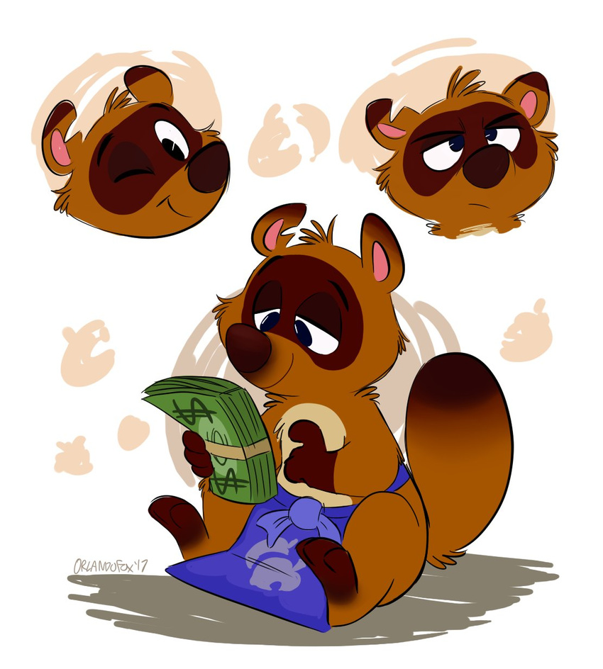 2017 animal_crossing clothed clothing digital_media_(artwork) gloves_(marking) loincloth mammal markings mask_(marking) money nintendo one_eye_closed orlandofox procyonid raccoon simple_background sitting tom_nook_(animal_crossing) topless video_games wink