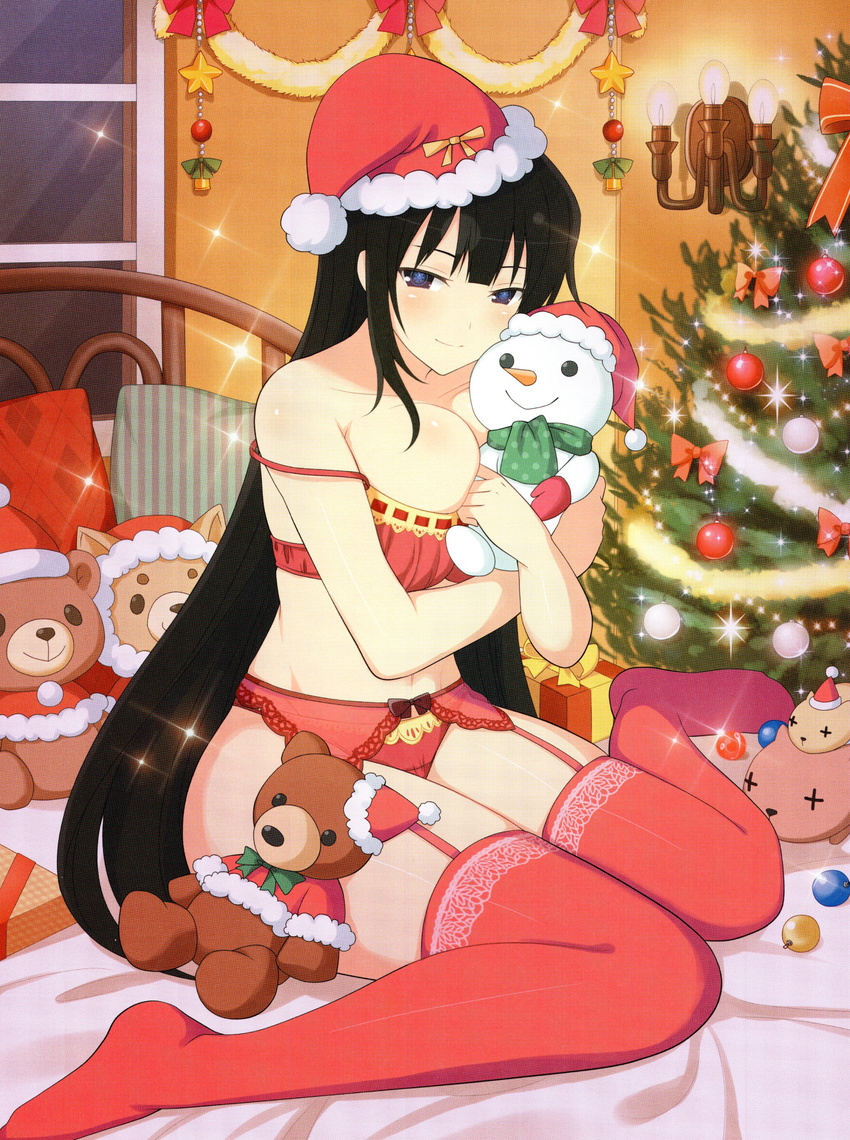 absurdres bed black_hair blue_eyes breasts christmas christmas_tree hat highres kagura_(senran_kagura) large_breasts long_hair looking_at_viewer non-web_source official_art panties pantyhose pillow red_legwear red_panties santa_hat scan senran_kagura smile solo stuffed_animal stuffed_toy teddy_bear underwear yaegashi_nan