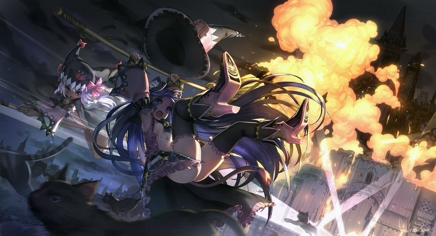 :o animal_ears ass black_legwear blue_eyes blue_hair broom broom_riding castle cat cat_ears cat_tail commentary detached_sleeves explosion hat high_heels long_hair multiple_girls night observerz original searchlight tail thighhighs very_long_hair wide_sleeves witch_hat