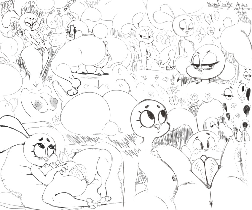 2017 all_fours anais_watterson anthro anus bedroom_eyes big_thighs blush breasts butt cartoon_network clitoris collage ears_down expressions female half-closed_eyes hi_res lagomorph lying mammal monochrome navel neom-daddy nipples on_back presenting presenting_hindquarters presenting_pussy pussy rabbit rabbit_tail seductive shortstack spread_legs spreading standing the_amazing_world_of_gumball traditional_media_(artwork) wide_hips