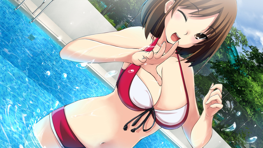 artist_request bikini brown_eyes brown_hair fence game_cg highres official_art one_eye_closed open_mouth pool splashing stay!_stay!_democratic_people's_republic_of_korea! swimsuit tree water