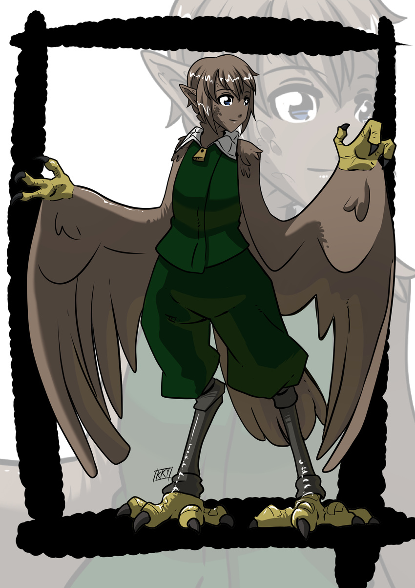 absurd_res ambiguous_gender animal_humanoid avian avian_humanoid blue_eyes brown_feathers brown_hair claws clothed clothing digitigrade feathered_wings feathers fully_clothed green_clothing hair harpy hi_res humanoid jacket kukuruyoart_(artist) legwear looking_at_viewer neck_tuft pants pointy_ears short_hair sleeveless solo spandex standing tail_feathers talons tight_clothing tuft wide_hips wings zipper