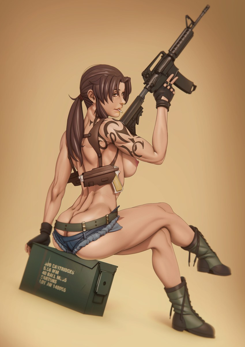 absurdres ammo_box ass assault_rifle back bad_id bad_pixiv_id black_lagoon boots breasts brown_eyes brown_hair butt_crack cigarette combat_boots commentary cross-laced_footwear crossed_legs dimples_of_venus fingerless_gloves full_body gloves gun handgun highres holding holding_gun holding_weapon holster john_doe lace-up_boots large_breasts long_hair looking_back m4_carbine machine_gun magpul muscle muscular_female nipples pinup pistol revy_(black_lagoon) rifle short_shorts shorts shoulder_holster shoulder_tattoo sideboob sitting solo tattoo topless trigger_discipline untied_boots v weapon