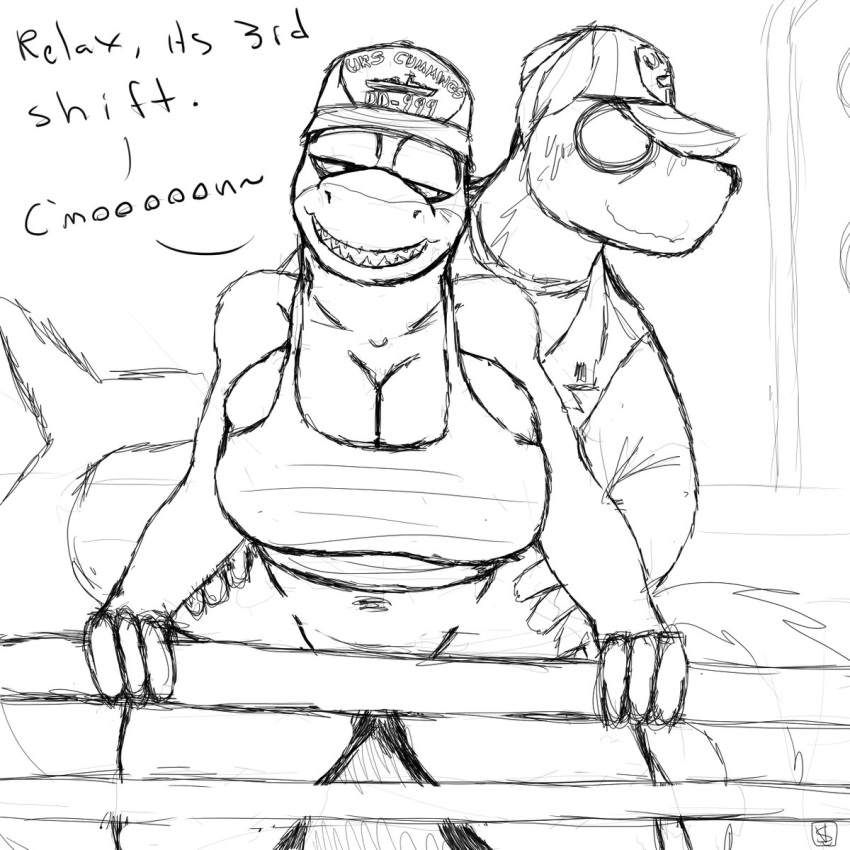 bottomless canine clothed clothing duo female fish helen_sack_(savagelyrandom) mammal marine navy savagelyrandom shark sharp_teeth smile sweat teeth