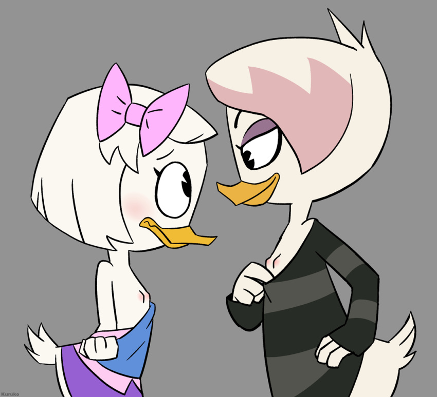 anthro avian bird blush bottomless breasts clothed clothing cub disney duck ducktales ducktales_(2017) duo exposed_breasts female female/female flat_chested grey_background hair hair_bow hair_ribbon hand_on_hip kuruko lena_(ducktales) nipples ribbons shirt short_hair simple_background skirt smile stripes webby_vanderquack young