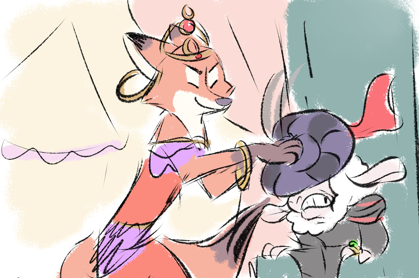 2016 4_fingers anthro bracelet canine caprine claude_frollo clothed clothing colored_sketch crossdressing crossover dawn_bellwether digital_drawing_(artwork) digital_media_(artwork) dipstick_ears dipstick_tail disney duo ear_piercing esmeralda_(victor_hugo) eyes_closed female fox fur gloves_(marking) hat jewelry judylavernehopps male mammal markings multicolored_tail nick_wilde orange_fur parody piercing ring sheep smile the_hunchback_of_notre_dame white_wool wool zootopia