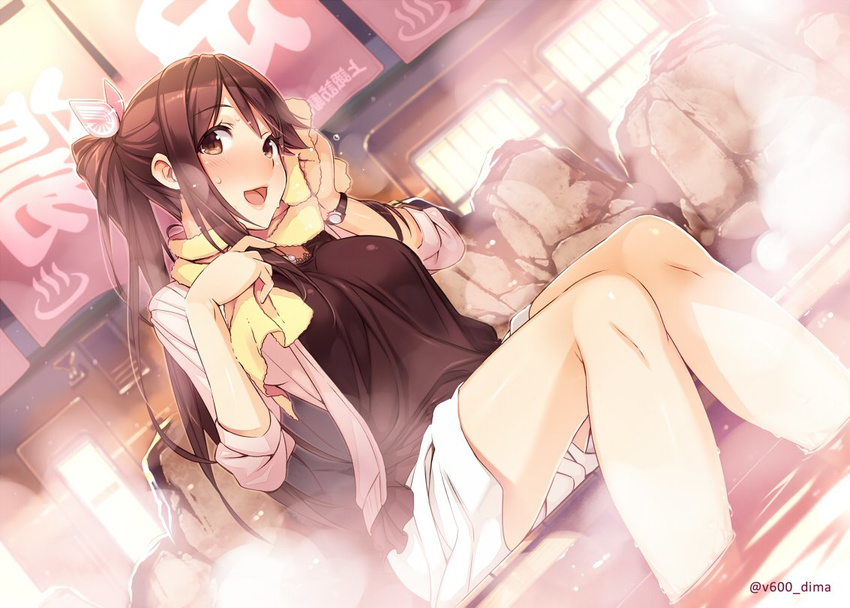 :d alternate_hairstyle blush breasts brown_eyes brown_hair commentary_request dutch_angle end_card hair_ornament iida_nana long_hair looking_at_viewer medium_breasts onsen open_mouth ponytail rail_wars! revision shirt sitting skirt smile soaking_feet solo steam sweat towel towel_around_neck vania600 watch water wet wristwatch