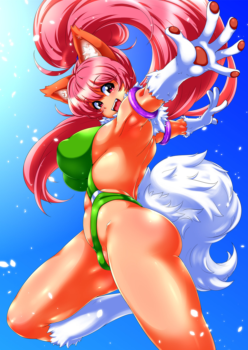 1girl animal_ears ass bare_legs bare_shoulders breasts cat_ears curvy fangs female gradient_background happy highres large_breasts leotard looking_at_viewer open_mouth partially_visible_vulva paw_print perisie_(star_ocean) pink_hair ponytail red_eyes ryoi shiny shiny_clothes shiny_hair shiny_skin sideboob simple_background smile solo star_ocean star_ocean_first_departure thighs thong_leotard very_long_hair