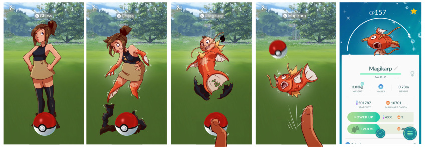 2019 ambiguous_gender breasts brown_hair chesshire clothed clothing duo female feral hair human human_to_feral magikarp mammal nintendo nipples nude open_mouth outside pok&eacute;mon pok&eacute;mon_(species) pok&eacute;mon_go pussy sequence skirt solo_focus standard_pok&eacute;ball standing surprise torn_clothing transformation video_games