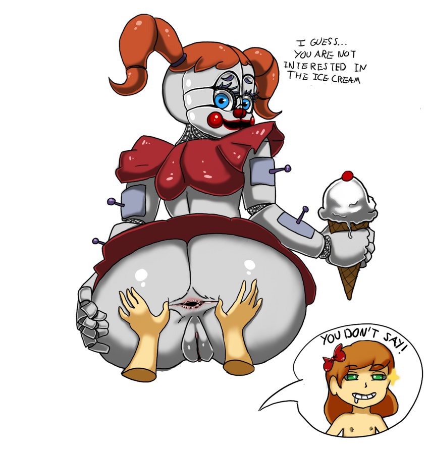 2017 5_fingers animatronic anus baby_(fnafsl) big_butt breasts butt cleavage clothed clothing female five_nights_at_freddy's green_eyes hair hi_res huge_butt humanoid looking_at_viewer looking_back machine nipples not_furry oddrich orange_hair ponytails rear_view robot simple_background sister_location skirt smile video_games voluptuous wide_hips