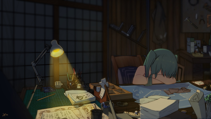 claw_hammer crossed_arms desk green_hair hammer hatsune_miku highres indoors lamp long_hair pen sitting sleeping sleeveless solo two_side_up vocaloid zhayin-san