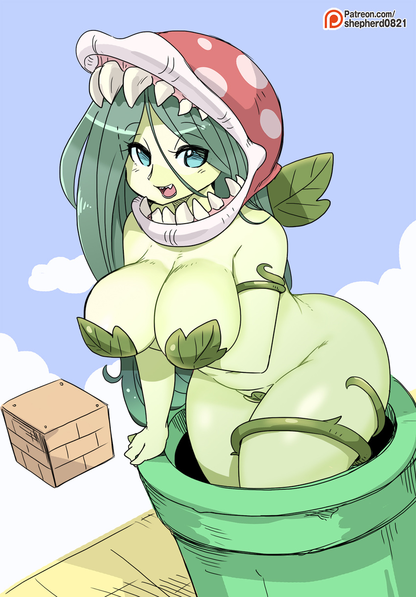 2017 big_breasts breasts female flora_fauna hair hi_res long_hair looking_at_viewer mario_bros nintendo not_furry open_mouth patreon piranha_plant plant shepherd0821 solo video_games warp_pipe