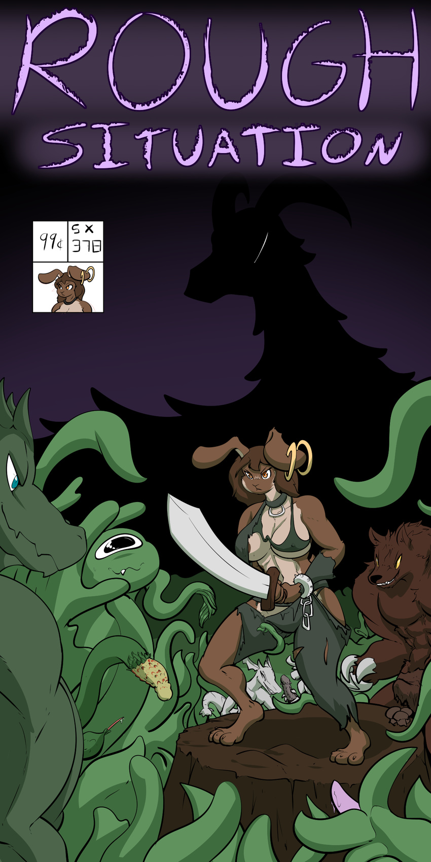 anthro barbed_penis big_breasts breasts canine chain clothed clothing collar comic dragon ear_piercing english_text erection erection_under_clothes female gnoll jewelry kobold lagomorph lagotrope lizardman long_ears mammal melee_weapon monster penis piercing rabbit rags reptile scalie skimpy sword tentacles text thick_thighs torn_clothing wardrobe_malfunction weapon