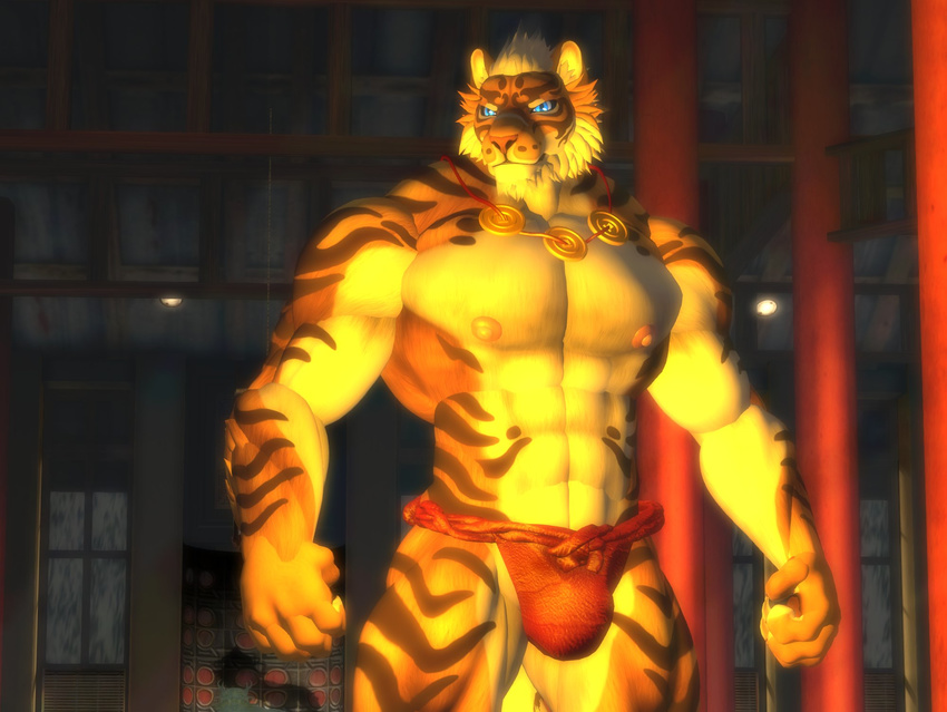 2017 abs biceps blue_eyes bulge clothing feline inside lin_hu male mammal muscular muscular_male nekojishi nipples partial_nudity pecs roulga second_life solo stripes tagme tiger