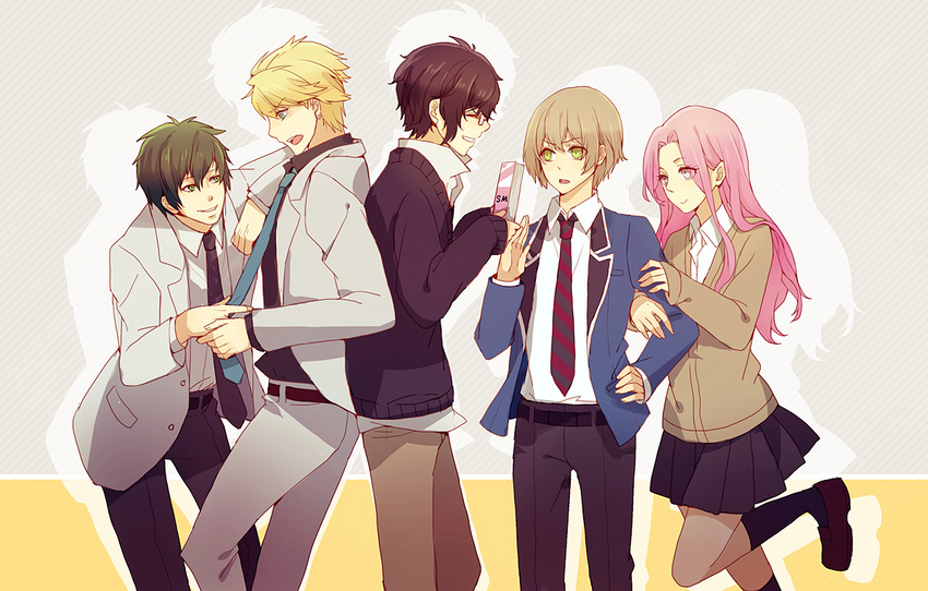 2girls 3boys aoharu_x_kikanjuu matsuoka_masamune midori_nagamasa multiple_boys multiple_girls reverse_trap school_uniform suit tachibana_hotaru yajima_kanae yukimura_tooru