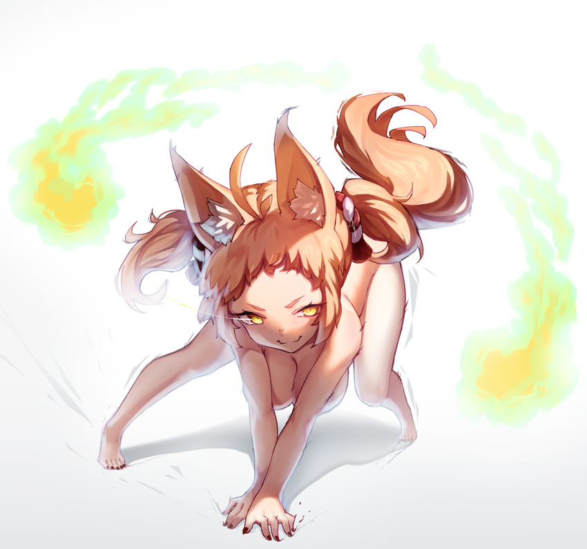 ahoge all_fours animal_ears arm_support blonde_hair breasts cleavage closed_mouth commentary dev evil_smile fighting_stance forehead fox_ears fox_tail full_body glowing glowing_eyes hair_ornament hair_scrunchie hanging_breasts highres hitodama large_breasts legs_apart looking_at_viewer looking_up making_of motion_lines multicolored_hair nail_polish nude original red_nails scrunchie short_eyebrows sidelocks slit_pupils smile smirk solo standing tail tiptoes tsurime two_side_up v-shaped_eyebrows v_arms white_background white_hair yellow_eyes