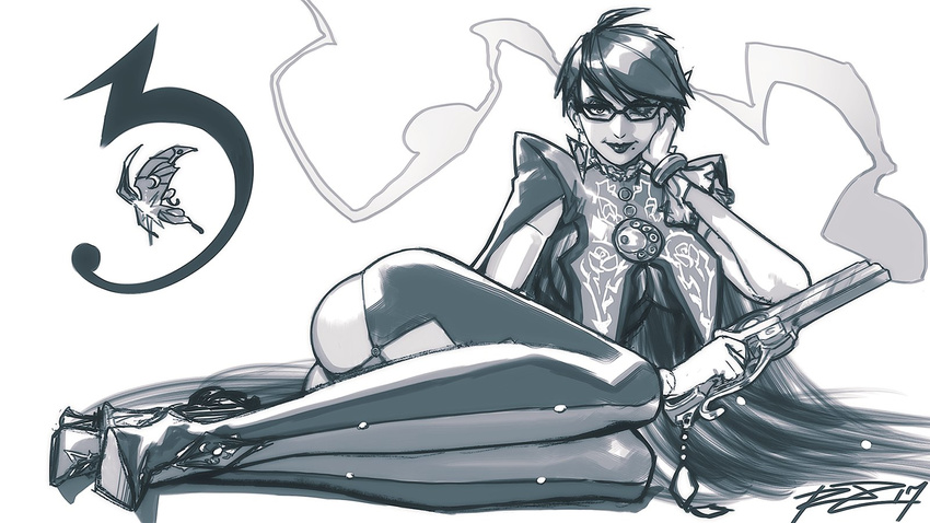 alternate_hair_length alternate_hairstyle ankle_gun ass bayonetta bayonetta_(character) bayonetta_3 black_hair bodysuit bug butterfly cleavage_cutout earrings glasses greyscale gun handgun highres insect jewelry lipstick looking_at_viewer makeup mole mole_under_mouth monochrome robert_porter short_hair smile solo weapon witch
