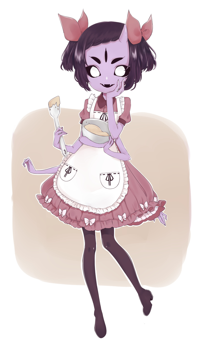 1girl apron dress extra_arms extra_eyes fangs high_heel_boots monster_girl muffet purple_skin solo spider spider_girl thigh_boots twintails undertale