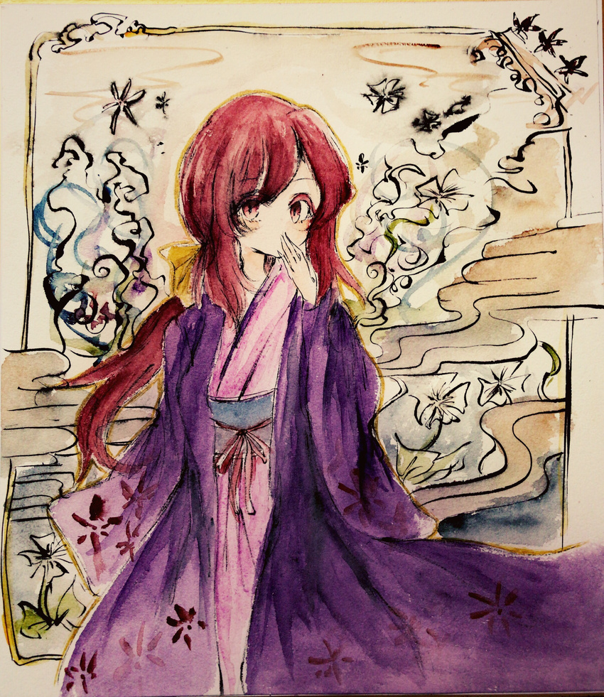 absurdres bad_id bad_pixiv_id bow covering_mouth egasumi flower hair_bow highres japanese_clothes kimono kotohime layered_clothing layered_kimono margarine0922 obi red_eyes red_hair sash touhou touhou_(pc-98) traditional_media